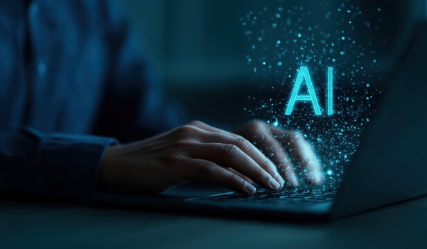 Person's hands typing on a laptop keyboard with a glowing AI concept emerging, representing artificial intelligence and technology