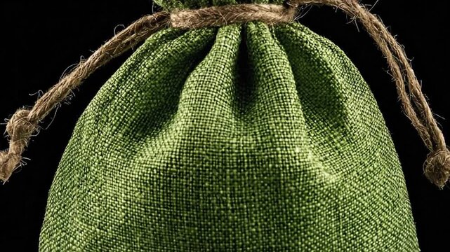 Green Burlap Sack Tied with Twine Isolated on Black Background Zooming into Macro Fabric Texture
