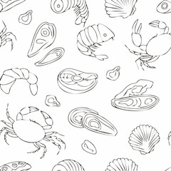 Seamless black and white seafood pattern line art illustration.