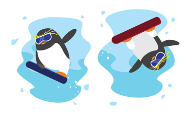 Snowboarding Penguin Cartoon Character Winter Sport Set