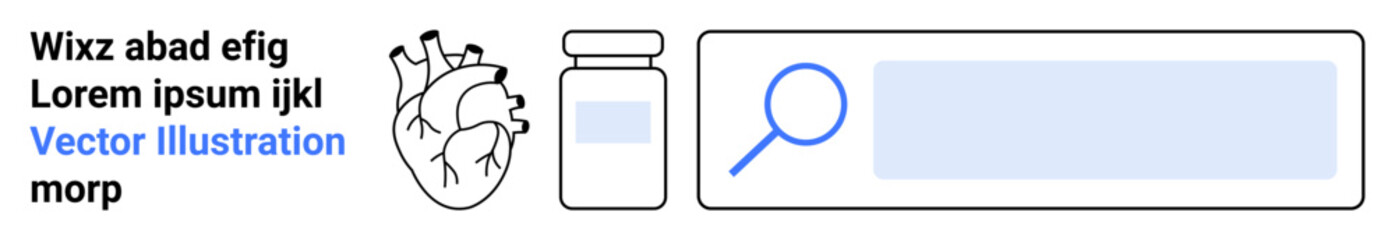 Healthcare, medication, research, diagnostics, heart health, wellness. Drawings include a heart diagram, medicine bottle and search bar icon. Healthcare and medication context