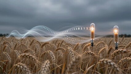 Two light bulbs filled with wheat kernels stand in a field with binary code flowing through them
