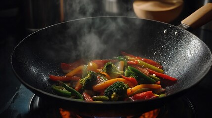 Stir-fried vibrant vegetables in a wok with rising steam close-up shot showcasing fresh ingredients and cooking process, healthy meal preparation