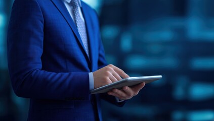 Professional businessman in a blue suit scrolling on a tablet, representing modern technology use in corporate communication and finance