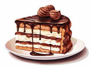 Rich watercolor illustration of a layered chocolate cake slice with cream filling and glossy ganache, isolated on white for dessert concepts.