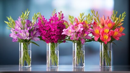 Fototapeta premium Five glass vases hold vibrant pink, purple, and orange flowers on a reflective surface with a blue background