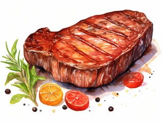 Detailed watercolor illustration of a grilled beef steak with herbs and citrus garnish, isolated on white for gourmet food and menu concepts.