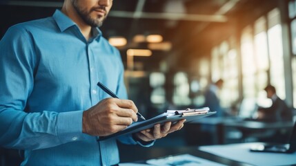 Professional man in blue shirt engaged with modern digital tablet device for business communication and technology solutions.