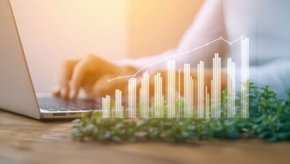 Person typing on a laptop with an overlayed growth graph and emerging plants, representing sustainable business and environmental future