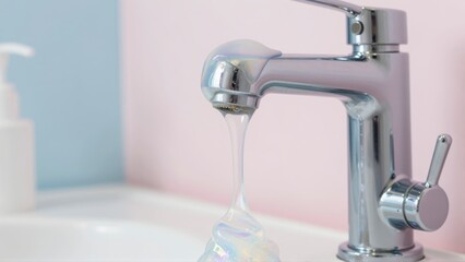 Shiny chrome faucet with iridescent soap lather cascading into a sink bubble