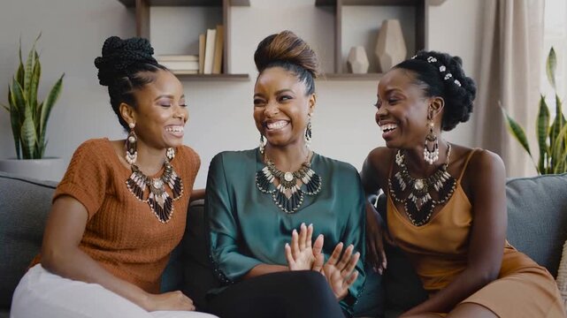 Three beautiful Black women laughing together on a couch wearing elegant statement jewelry. Joyful friendship and lifestyle scene in a modern home