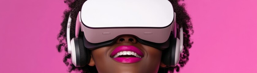 Captivating woman immersed in advanced virtual reality headset experience exploring future technology.