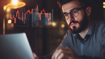 Focused man with glasses engaged in productive laptop work concentrating on digital tasks and online activities.