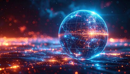 Glowing digital globe with network connections.