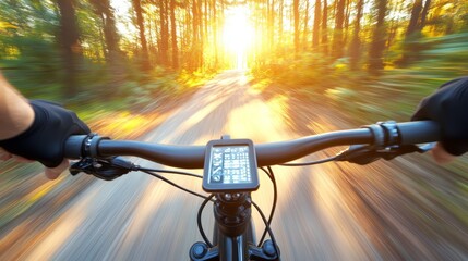 Thrilling cycling adventure person riding mountain bike through lush green forest road trail exploring nature s serene beauty and outdoor activity.