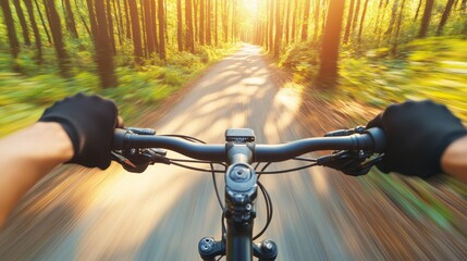 Exciting forest bicycle ride adventure on scenic nature path person cycling through lush woodland trail.
