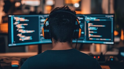 Focused professional man with headphones engaged in deep work on multiple computer screens in modern office environment.
