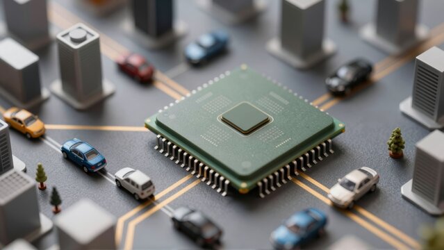 A central processing unit chip connects miniature cars and buildings on a stylized road - Powered by Adobe