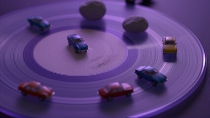Miniature cars race on a purple vinyl record with textured spheres in the background