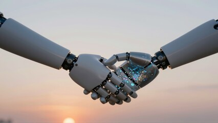 Two robotic hands shaking with digital data patterns on one hand and a sunset