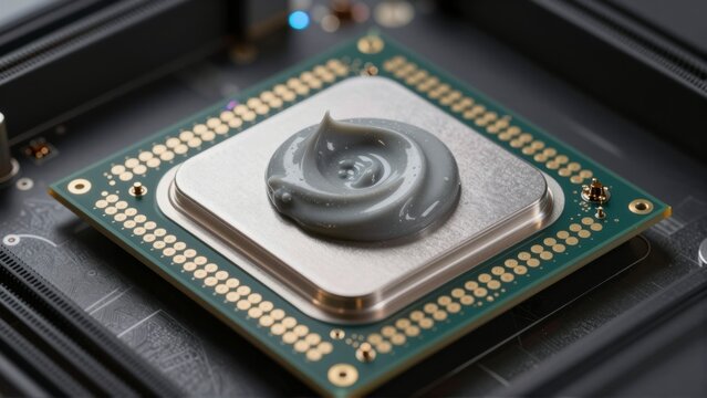 A dollop of thermal paste is applied to a computer processor chip on a circuit board