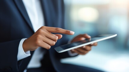 Executive professional in business suit holding modern smartphone for communication and digital connectivity.