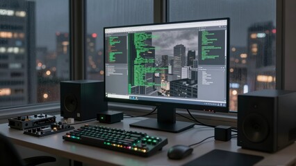A programmer's desk with a computer displaying code against a rainy city skyline