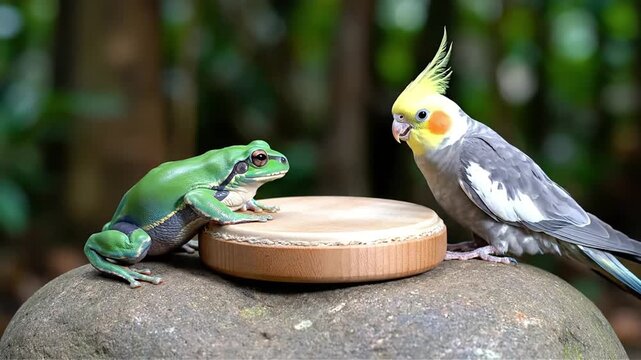 A curious tree frog and a perched cockatiel engage in an unexpected encounter on natural rock formations amidst lush foliage a whimsical wildlife portrait