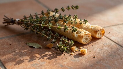 Fresh sprigs of thyme and two savory breadsticks rest on a textured surface
