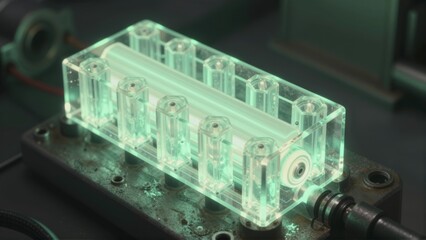 Close up view of a scientific device with glowing elements within a clear casing