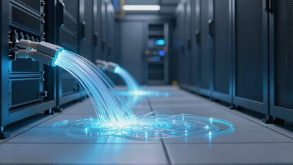 Glowing fiber optic cables entering server racks in a data center aisle
