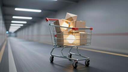 A shopping cart filled with cardboard boxes moves down a brightly lit tunnel