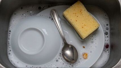 A stack of white dishes a metal spoon and a yellow sponge sit in a soapy sink