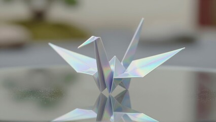 Delicate iridescent origami paper crane with sharp folded wings and a reflective surface