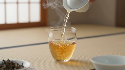 Hot amber tea being poured from a white teapot into a clear glass pitcher