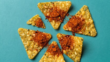 Several triangular seasoned crackers are scattered across a textured teal surface