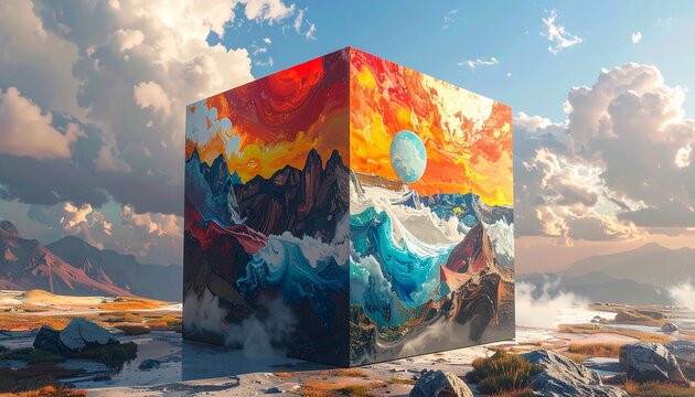 Surreal Cube - A Vibrant Landscape Painting with Abstract Elements and Colorful Skies.