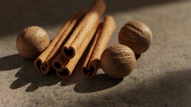 Cinnamon Sticks and Nutmeg Close Up on Light Brown Background