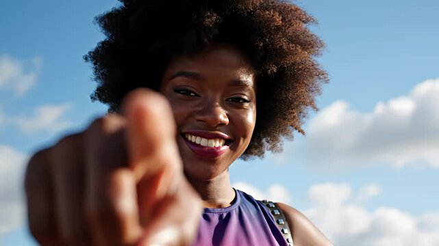 Woman with afro hair pointing at camera