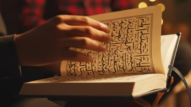 Hand reading from an open book