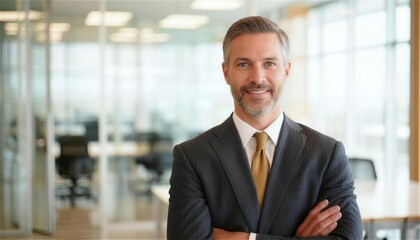 Fototapeta premium Reliable boss smiling with crossed arms in bright office