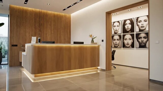 A bright, professional reception desk with subtle lighting, flanked by a stylish wooden slatted wall and waiting chairs, suitable for healthcare or corporate environments