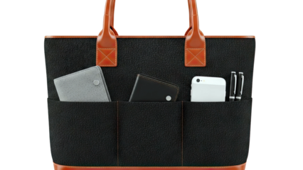 Black Tote Bag with Brown Leather Accents and Contents
