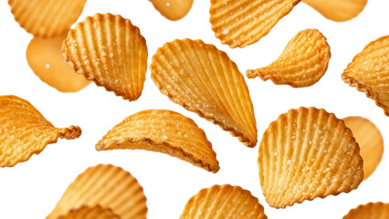 Ruffled Potato Chips Falling Isolated on White Background - Crispy Snack Food