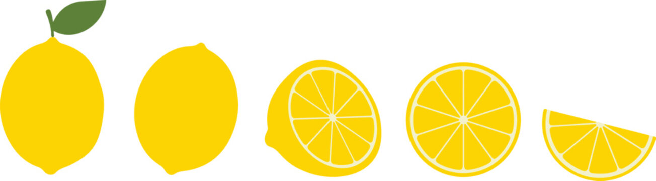 Vector icon set of yellow lime or lemon - whole fruit, half, slice and wedge in minimalist style