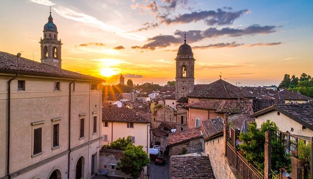 Sunset over the charming Italian town with historic architecture and vibrant sky.