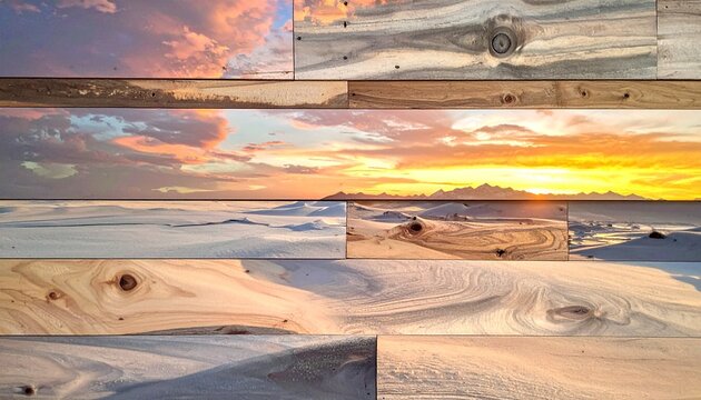 Sunset over the ocean reflected on wooden planks, creating a unique artistic view.