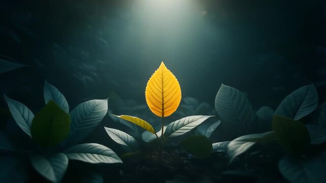 Glowing Yellow Leaf Among Green Plants in Dark Ambient Environment