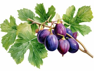 Detailed botanical illustration of ripe purple figs hanging on a branch with large green leaves, isolated on white, representing fresh fruit, nature, and healthy eating.