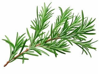 Detailed botanical illustration of fresh rosemary sprig with needle-like green leaves, isolated on white, representing aromatic herbs, cooking, and natural wellness.